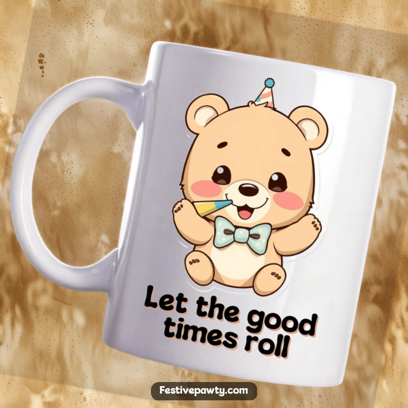Funny mug featuring a happy bear cub in a bowtie, joyfully blowing a party horn with energetic excitement.