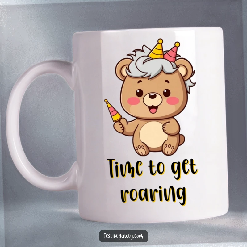 Funny mug with a happy bear character wearing a bright, silly wig and blowing a party horn, ready to celebrate.