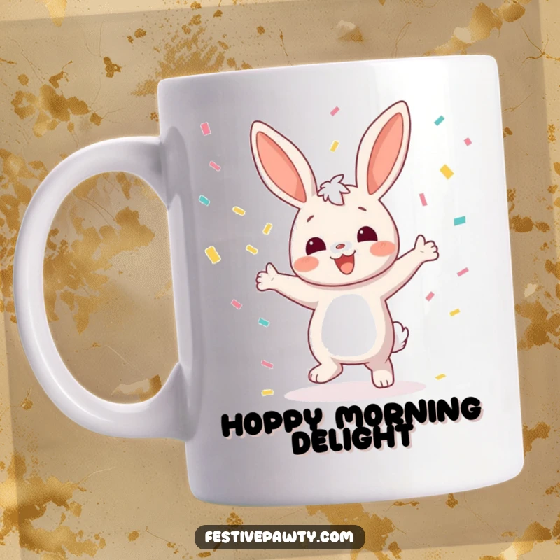 Funny Bunny Mug: A cheerful bunny character joyfully dancing with colorful confetti raining down, embodying pure happiness.