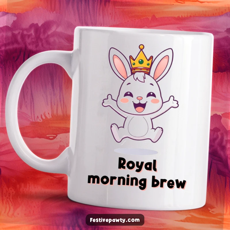 Funny mug featuring a joyful bunny character wearing a tiny crown, leaping high with pure excitement and delight.
