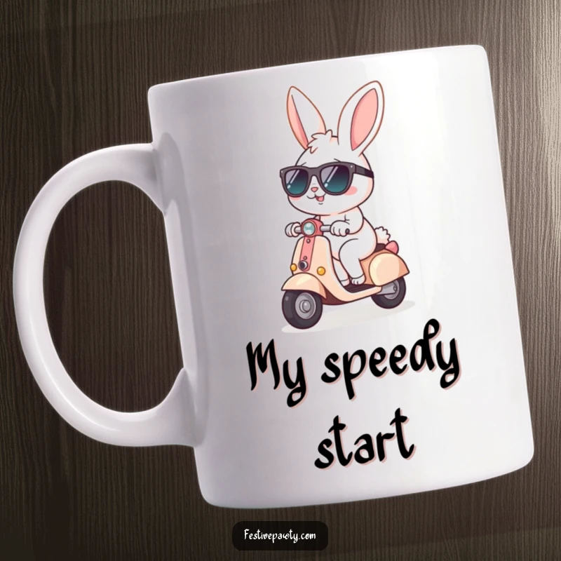 Funny Mug featuring a cheerful bunny wearing cool sunglasses, confidently riding a tiny scooter, exuding a carefree and fun attitude.