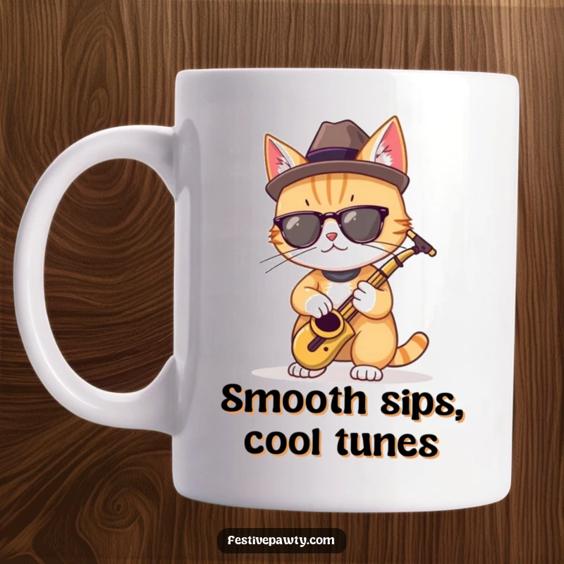 Funny mug featuring a cool cat in a fedora, playing a miniature saxophone with musical notes, great gift.