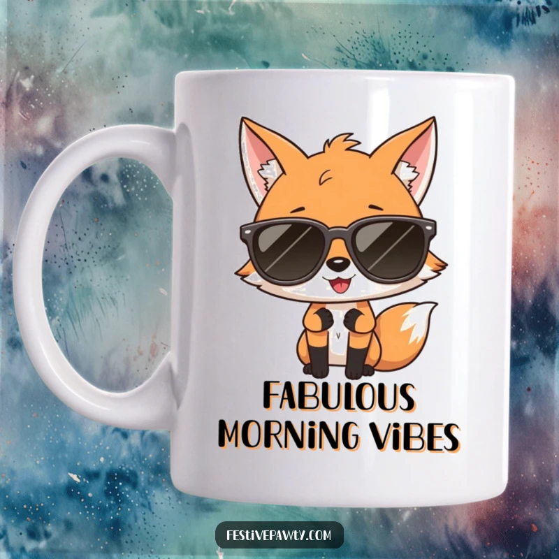 Funny mug featuring a giggling fox in oversized sunglasses, striking a confident diva pose, exuding sass and style.