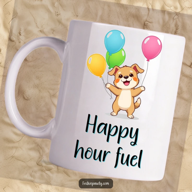 Funny Dog Mug: A happy, giddy dog with a wagging tail is energetically juggling several colorful balloons, showcasing pure joy.
