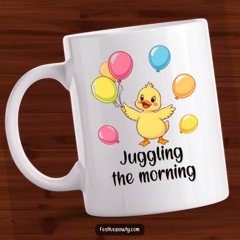 Funny duck mug featuring a cheerful character skillfully juggling brightly colored balloons, embodying pure joy and fun.