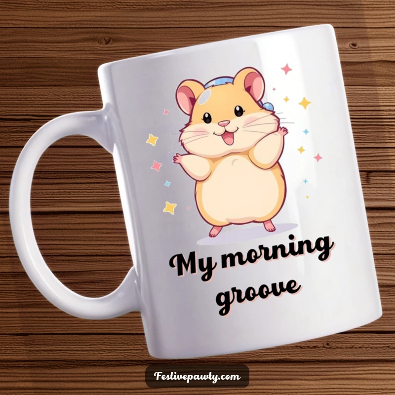 Funny Mug featuring a playful hamster in a shiny disco ball costume, captured mid-spin, radiating disco fever and pure fun.
