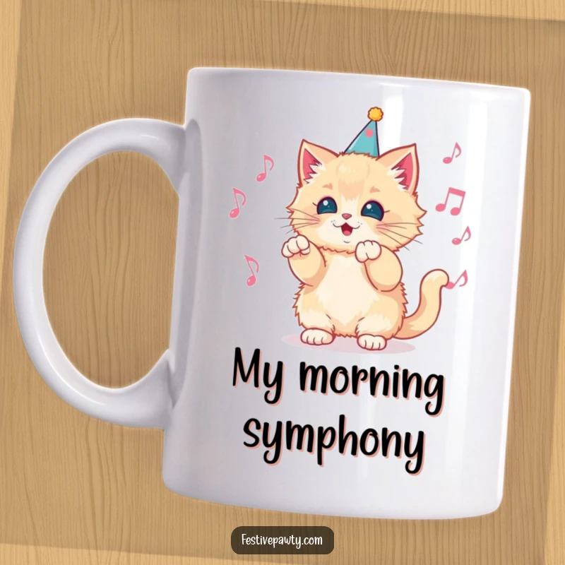 Funny Mug featuring a fluffy kitten in a party hat enthusiastically conducting an orchestra of musical notes, radiating joy and musical energy.