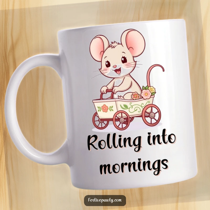 Funny Mouse Character Mug with a delighted mouse joyfully riding in a tiny, decorated cart, embodying fun and adventure.