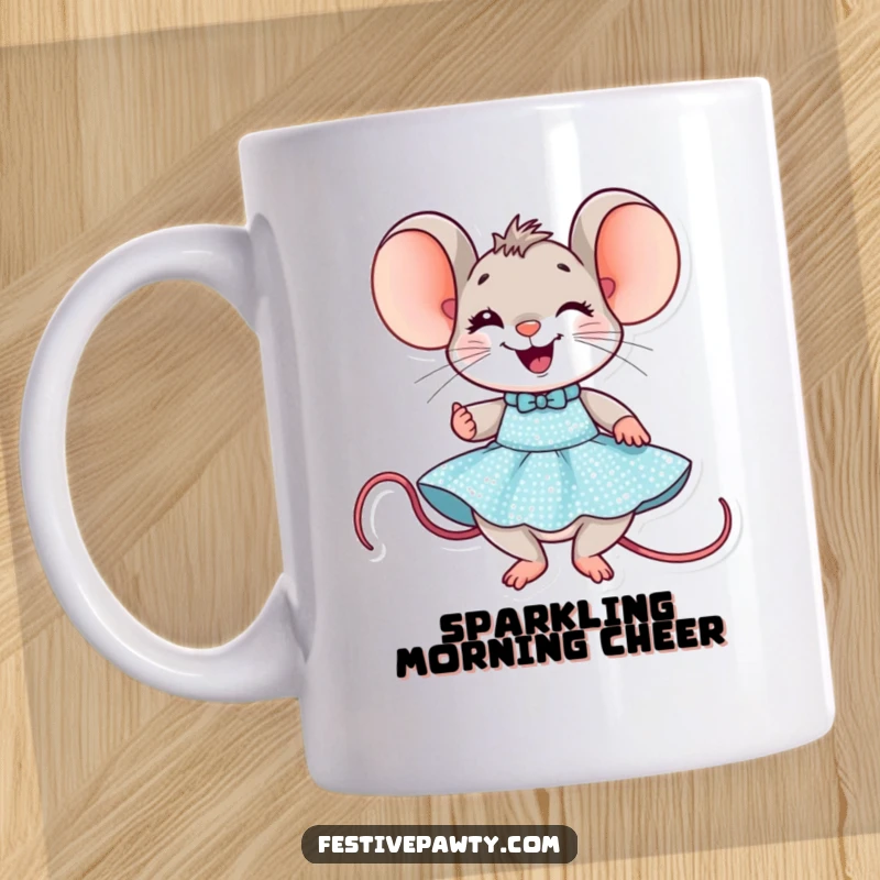 Funny Mouse Party Mug: A delighted mouse character grins widely while trying on a dazzling sequined party dress.
