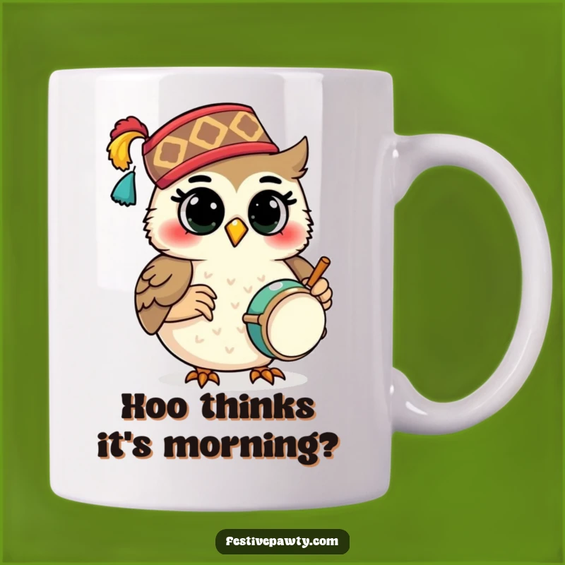 Funny Owl Drummer Mug: Festive Fez Fun, Whimsical Music Gift, Perfect Joyful Present