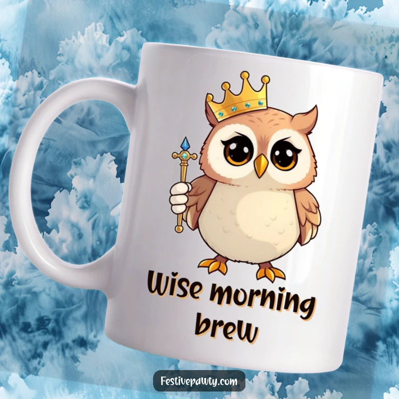 Funny Owl King Mug: A proud owl character sits regally, adorned with a tiny crown and holding a sparkling scepter in its claw.