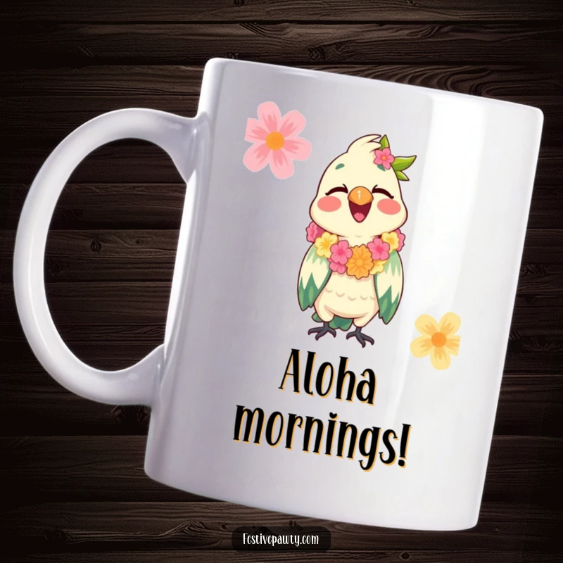 Funny Parrot Mug with a giggling parrot wearing a festive lei, radiating tropical joy and infectious laughter, a perfect party gift.