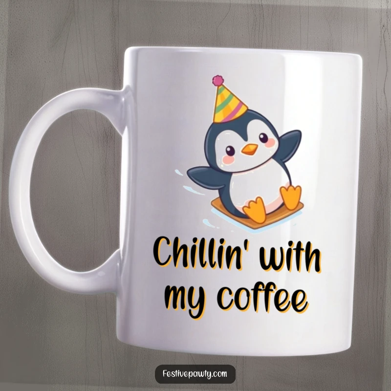 Funny mug showcasing a playful penguin wearing a party hat while sliding joyfully down an icy slope.