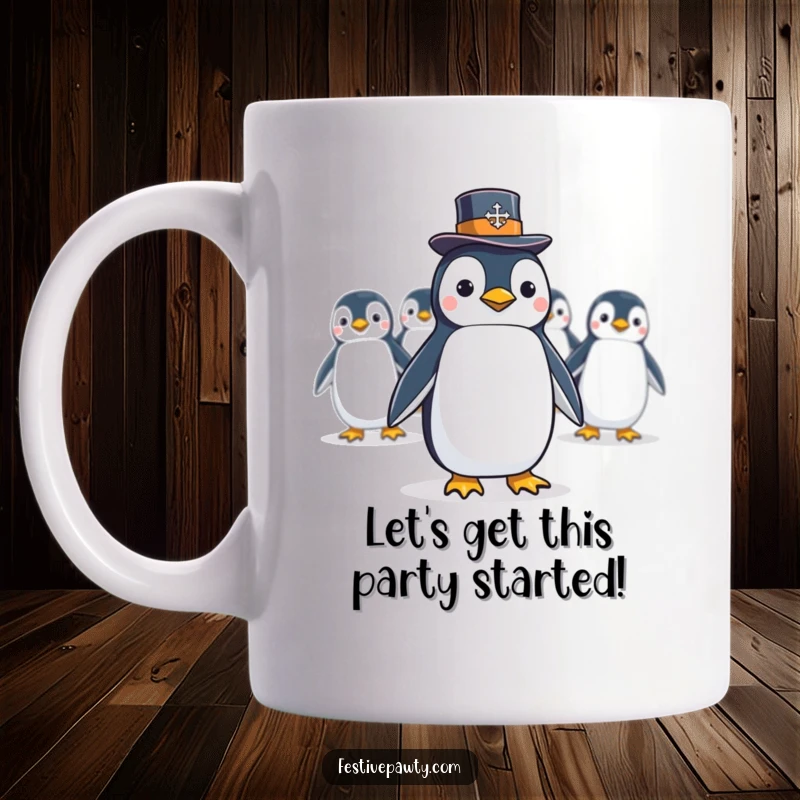 Funny Mug featuring a penguin in a tiny top hat joyfully leading a conga line, spreading cheer and celebration.