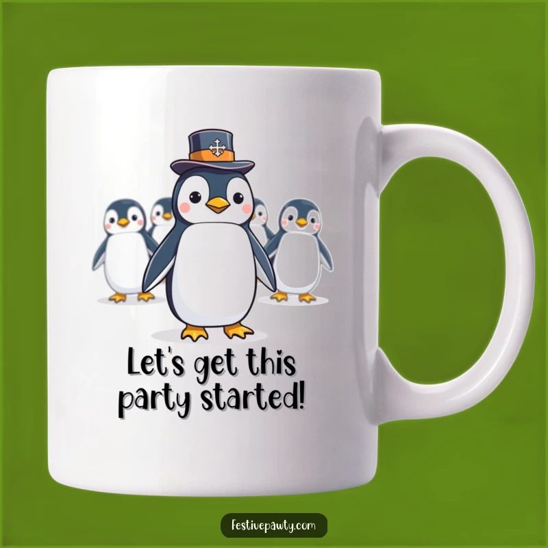 Funny Penguin Conga Line Mug: A Dapper Bird Leads a Hilarious Celebration, Perfect Gift!