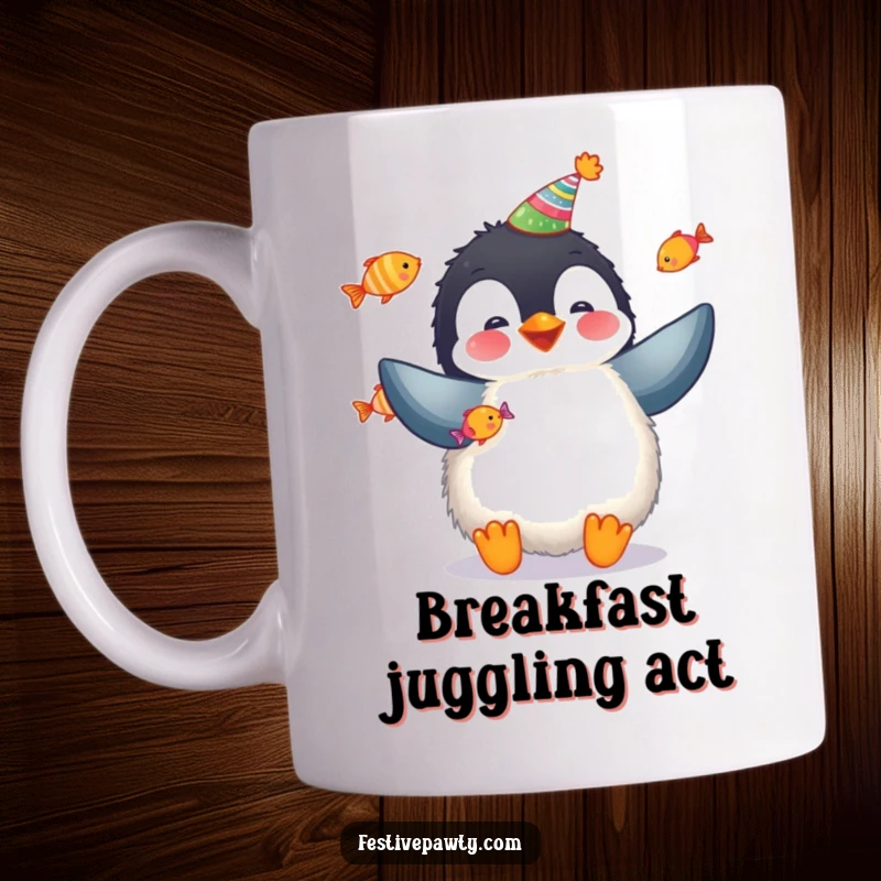 Funny penguin mug showing a fluffy penguin in a party hat juggling colorful fish with a joyful expression.