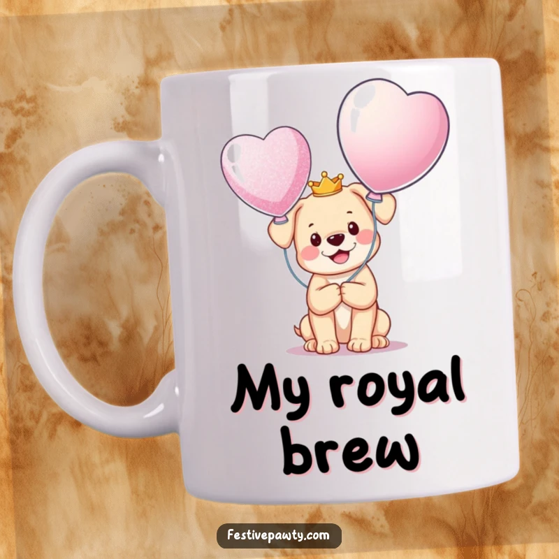Funny Mug featuring a happy puppy wearing a tiny crown, joyfully clutching a large, glittering balloon, radiating pure delight.