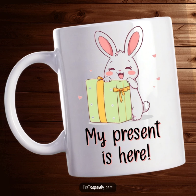 Funny Mug: A cheerful rabbit character enthusiastically unwrapping a giant present, symbolizing joy and excitement.