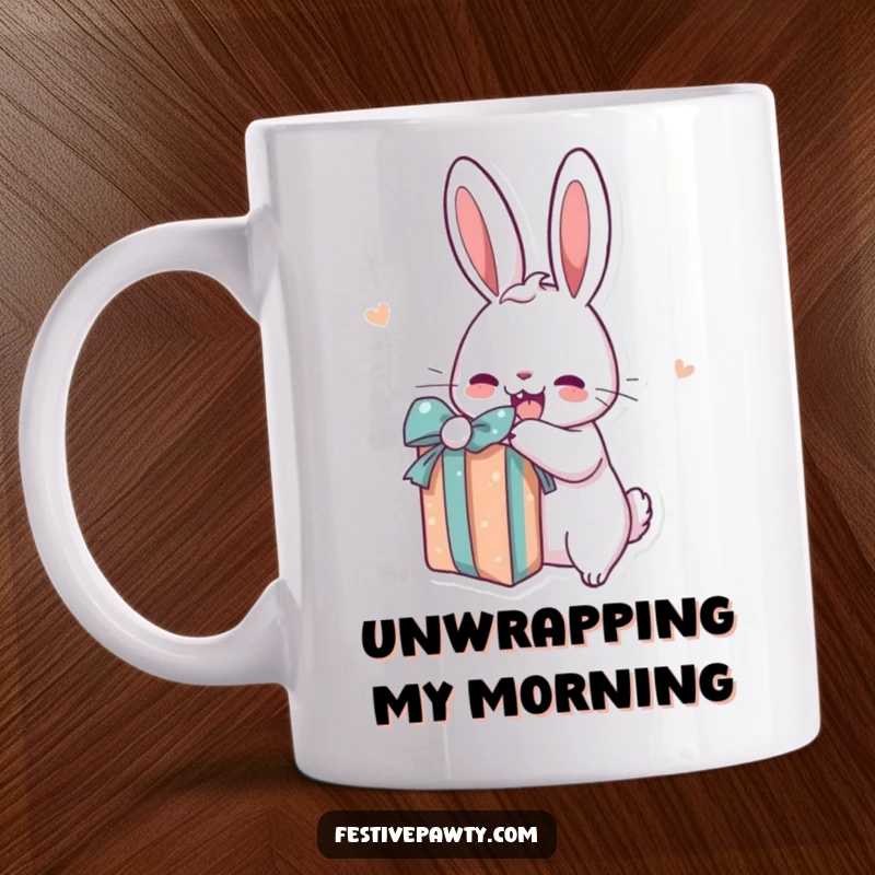 Funny rabbit character mug featuring a cartoon bunny excitedly unwrapping a brightly colored gift with a look of pure joy.