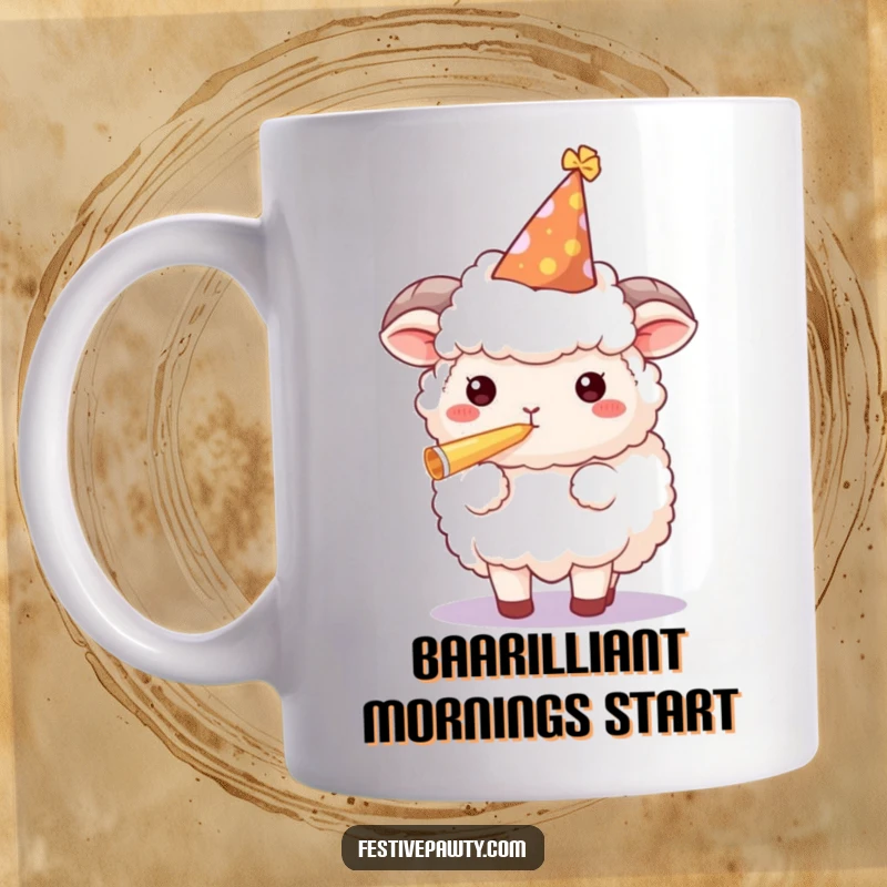 Funny sheep mug featuring a fluffy character in a party hat, joyfully blowing a party horn, celebrating with festive cheer.