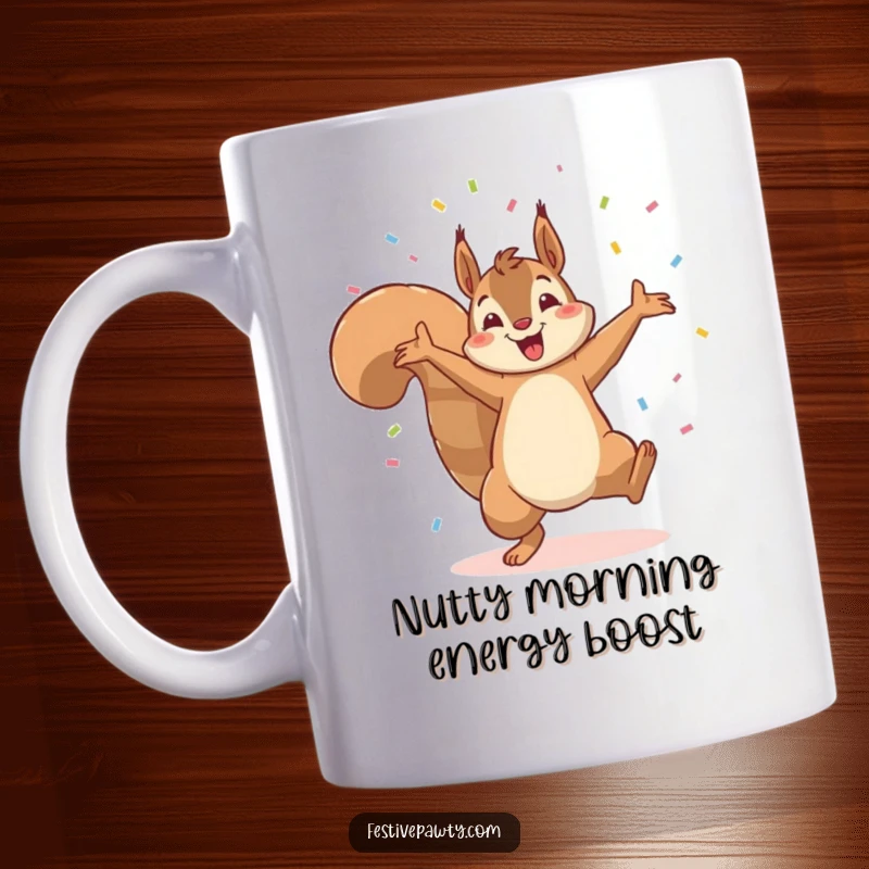 Funny mug featuring a jubilant squirrel mid-cartwheel, showering in confetti, expressing pure triumphant joy and energetic fun.