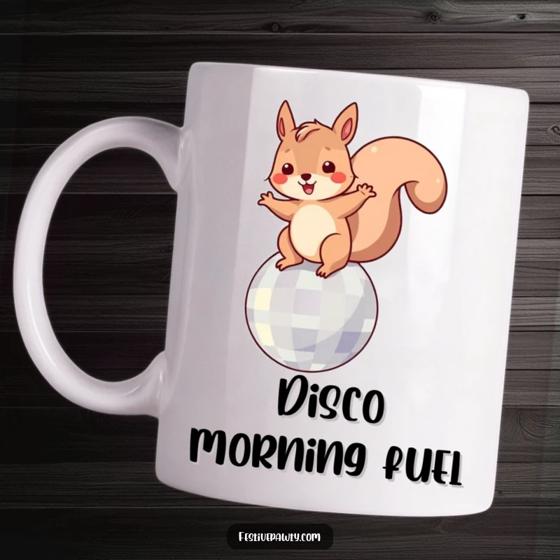 Funny Mug: A playful squirrel character joyfully dancing atop a sparkling disco ball, radiating energy.