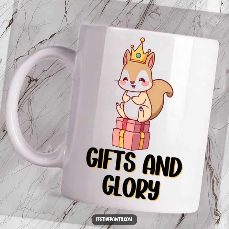 Funny Squirrel King Mug: A squirrel wearing a tiny crown sits regally atop a stack of gifts, exuding royal humor.