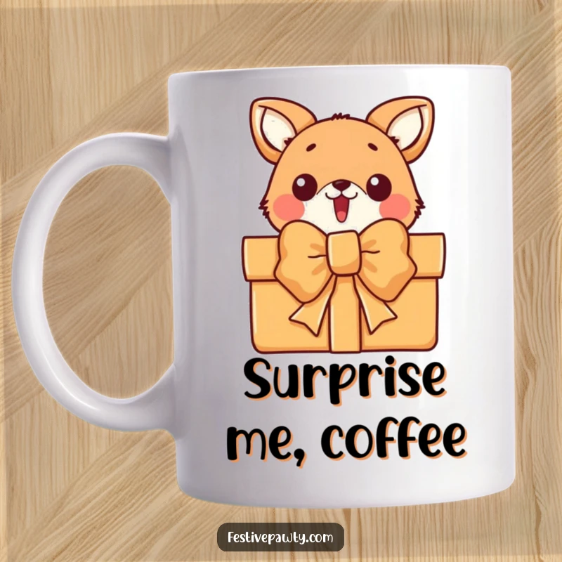 Funny animal character mug peeking with surprise from behind a giant red gift bow, conveying shock and excitement.