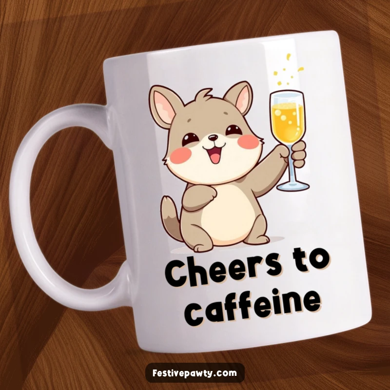 Funny delighted animal character mug raising a glass of fizzy drink in a cheerful toast, symbolizing celebration and happiness.