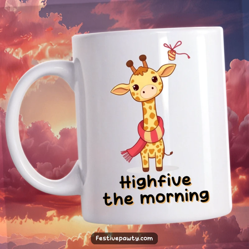 Funny Giraffe Mug: A giraffe in a festive scarf stretches its neck to reach a high streamer, embodying party joy.