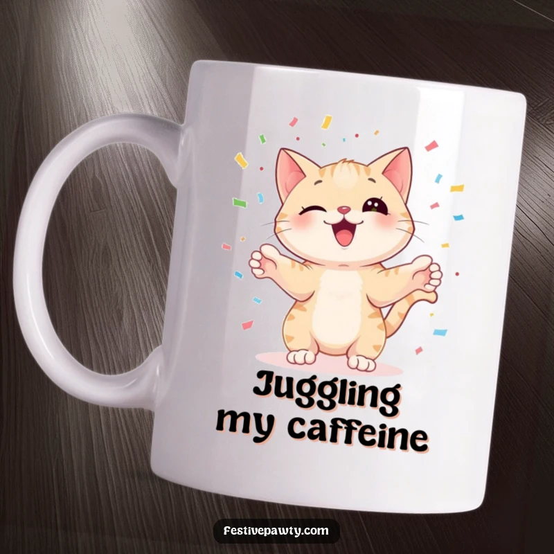 Funny, playful cat character juggling colorful confetti with its paws, on a mug, perfect for a hilarious gift.