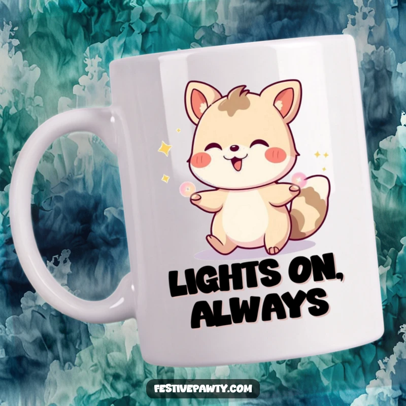 Funny mug depicting a happy cartoon animal gleefully juggling colorful, glowing party string lights, radiating festive cheer and amusement.