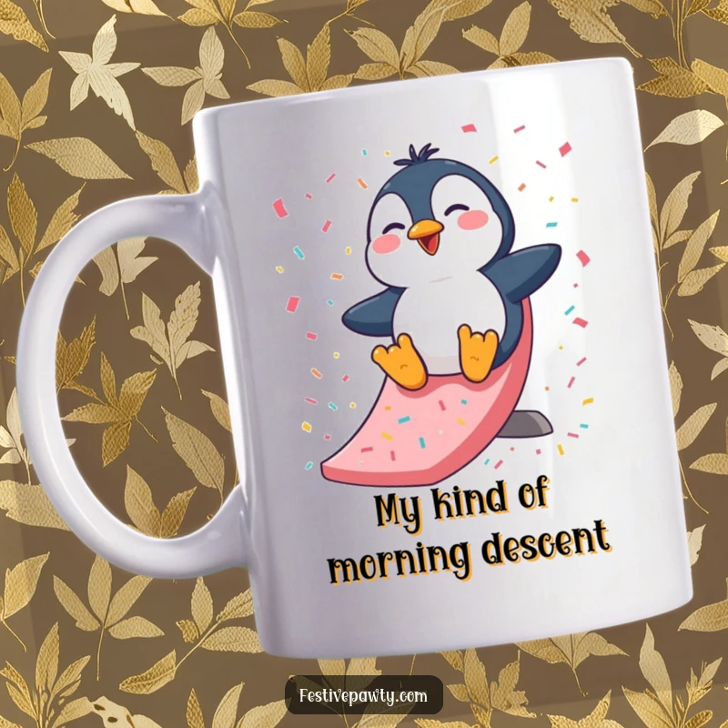 Funny Mug: Giggling penguin character joyfully sliding down a vibrant, confetti-covered slide, spreading pure happiness and amusement for all.