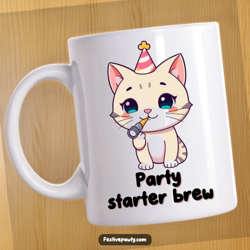 Funny Cat Mug: A happy cat wearing a colorful party hat, joyfully blowing a noisemaker, ready to celebrate any occasion.