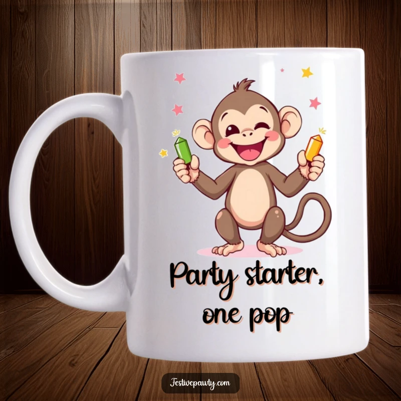 Funny Monkey Mug: A cheerful primate masterfully juggling colorful party poppers with hands and tail, radiating pure fun.