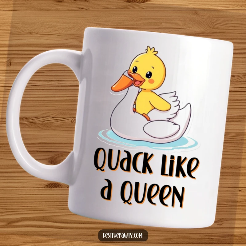 Funny Mug: A duck rides gleefully atop a large inflatable swan, embodying pure joy and summer fun.