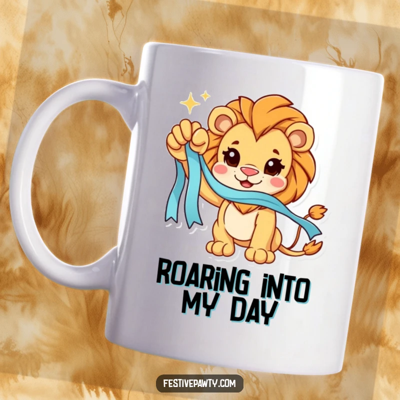 Funny Mug: A triumphant lion character proudly raises a paw holding a sparkling ribbon, symbolizing victory and achievement.