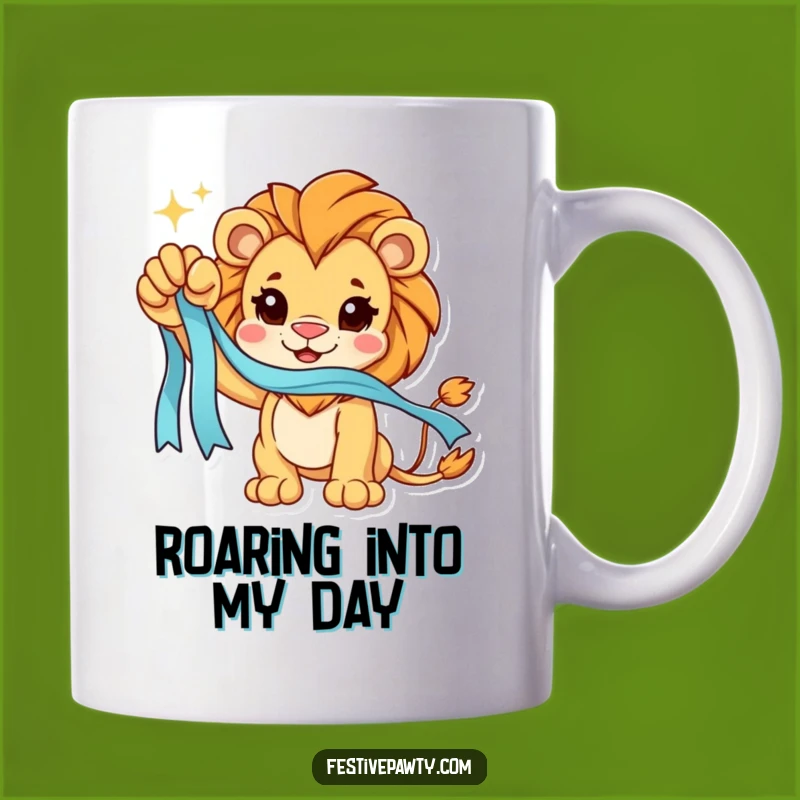 Funny Lion Victory Mug: Triumphant Roar, Sparkling Ribbon, Perfect Celebration Gift