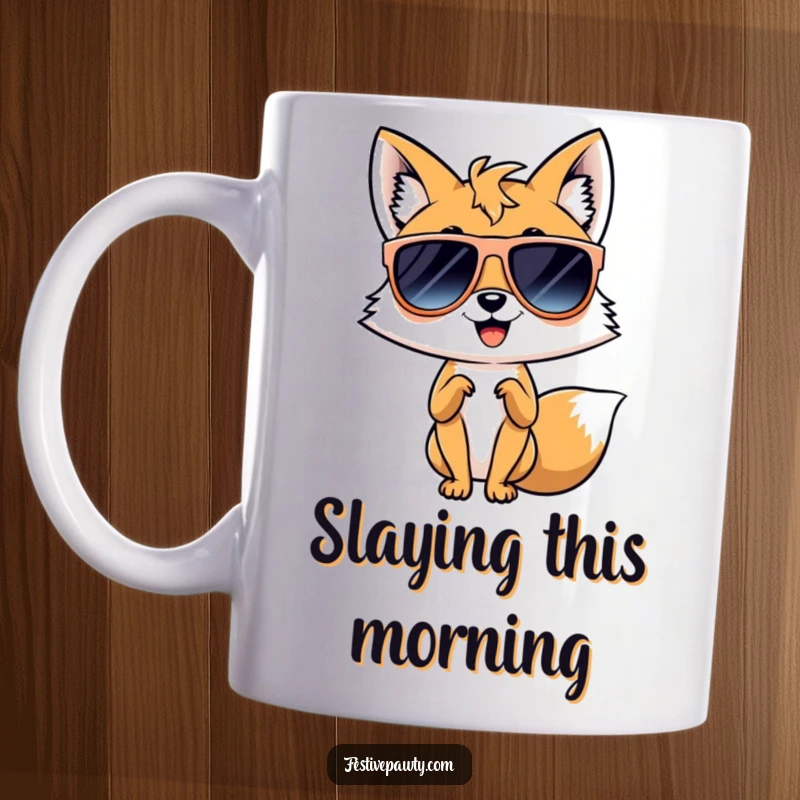 Funny mug shows a giggling fox wearing oversized sunglasses, striking a confident diva pose, exuding swagger and attitude.