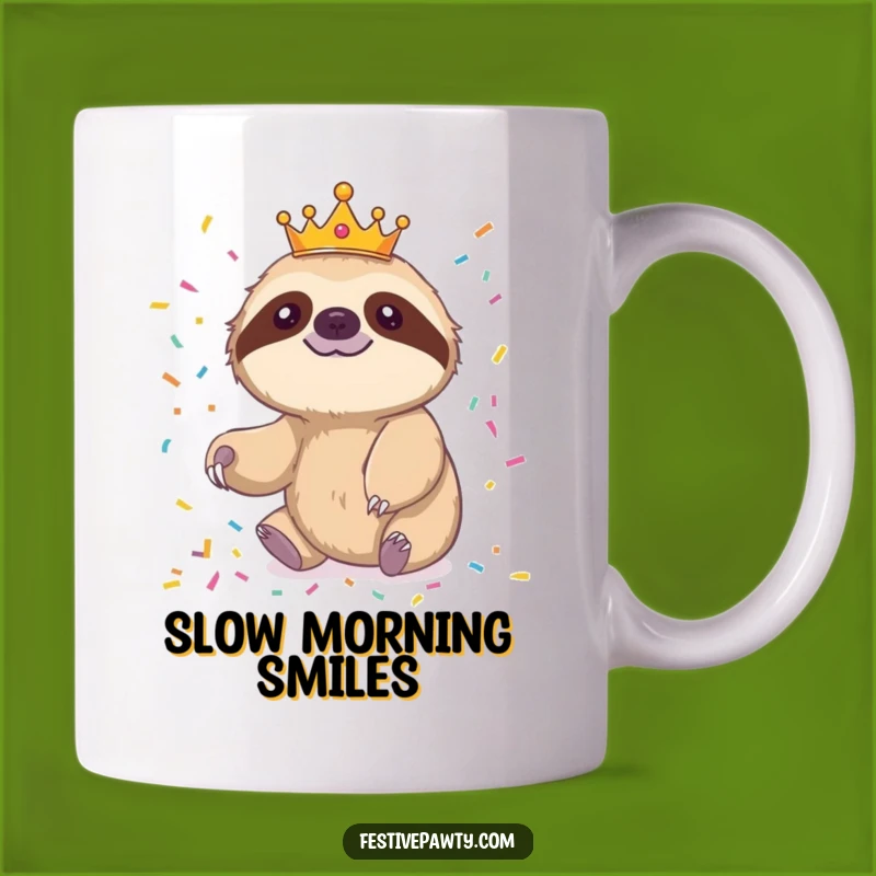 Funny Sloth King Mug: Cheerful Sloth Reaching for Confetti, Funny Slow Gift
