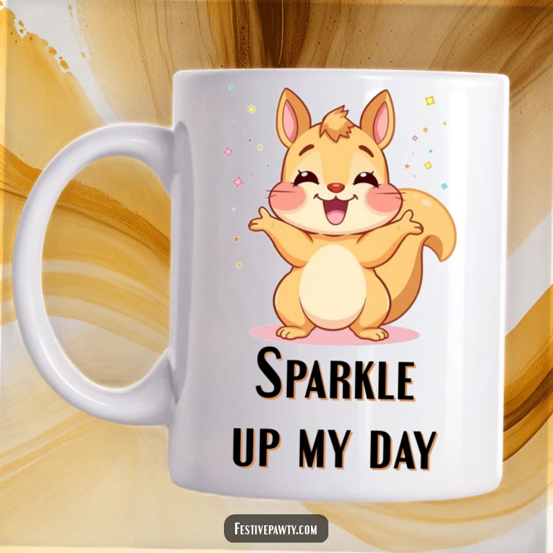 Funny Squirrel Mug: An ecstatic squirrel gleefully tosses handfuls of shimmering glitter, spreading sparkly joy.