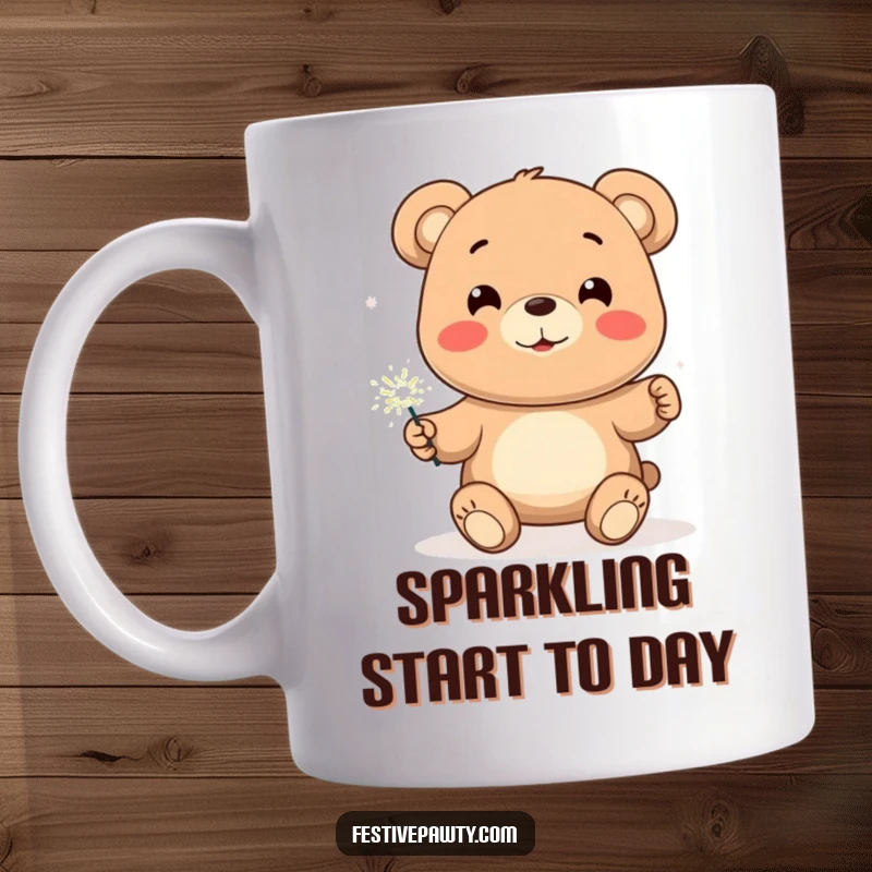 Funny Bear Character Mug, a smiling cartoon bear happily holding a brightly lit sparkler, radiating joy and celebration.