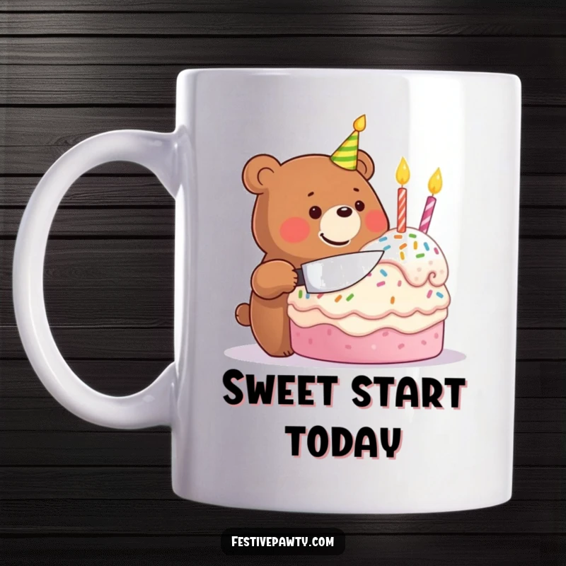 Funny mug shows a beaming bear character joyfully slicing into a giant, festive birthday cake, embodying pure celebration.