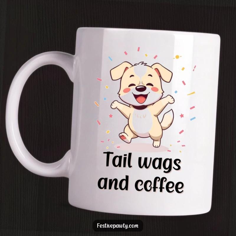 Funny mug showing a happy dog dancing ecstatically with a furiously wagging tail amidst a shower of confetti, embodying pure canine glee.