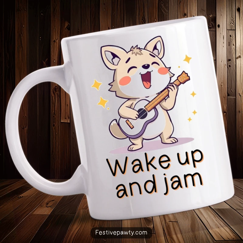 Funny energetic animal character mug playing a musical instrument very loudly, showcasing musical passion and fun.