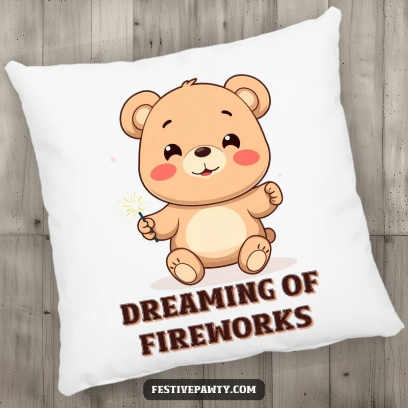Funny Bear Pillow, a soft cushion featuring a smiling bear character holding a brightly lit sparkler, perfect for festive decor.