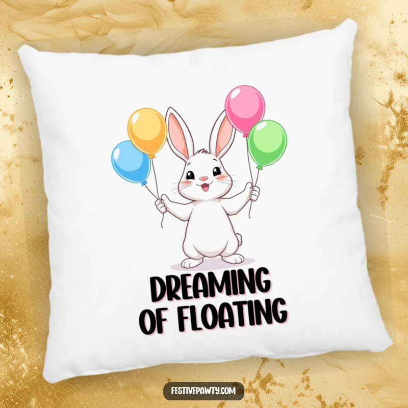 Funny Rabbit Pillow, a soft cushion featuring a cute rabbit character juggling colorful balloons with all four paws, perfect for cozy spaces.