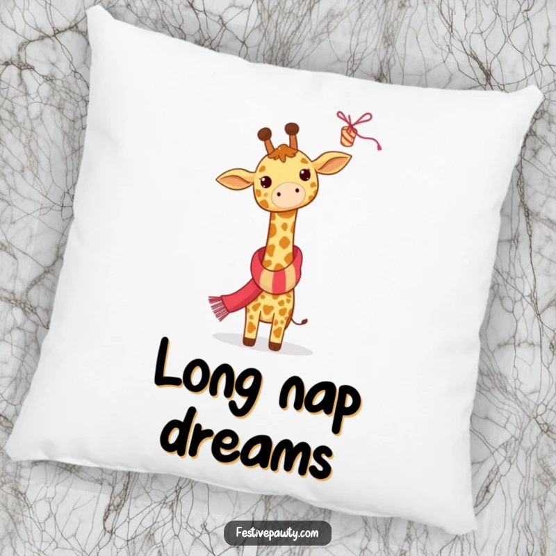 Funny Giraffe Pillow: A giraffe wearing a festive scarf reaches for a high streamer, offering soft comfort and festive humor.