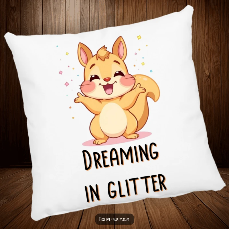 Funny Squirrel Pillow: A plush pillow depicting an ecstatic squirrel gleefully throwing glitter, perfect for cozy, happy moments.