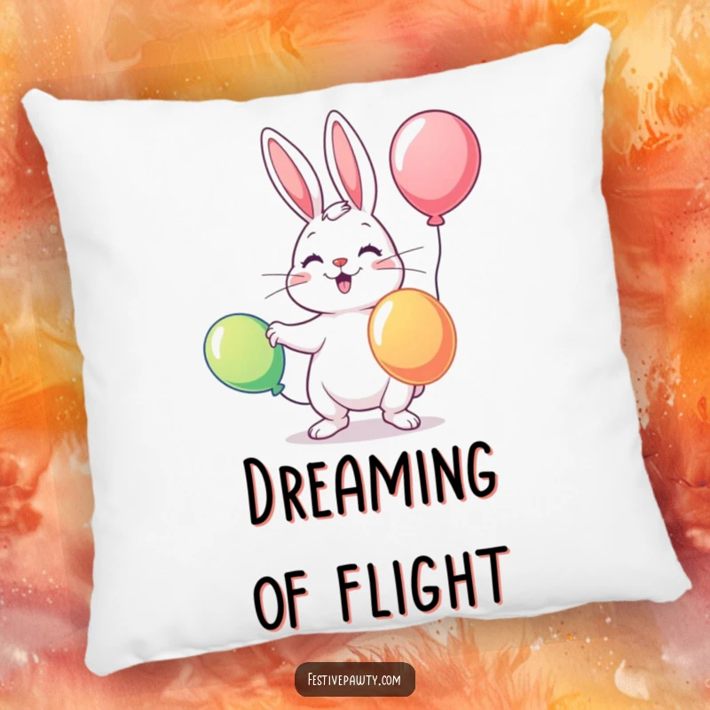 Funny pillow featuring a playful rabbit expertly juggling three colorful balloons, offering comfort and a touch of whimsical charm.